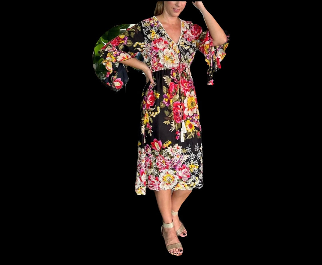 3/4 BELL SLEEVE EYELET DRESS