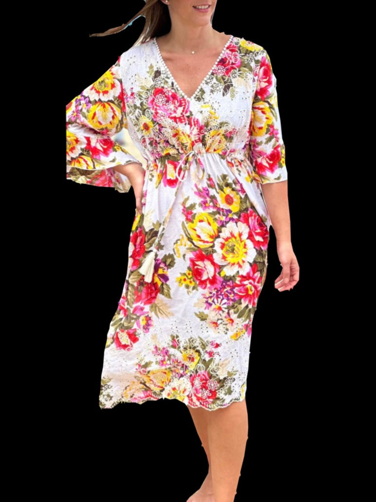3/4 BELL SLEEVE EYELET DRESS