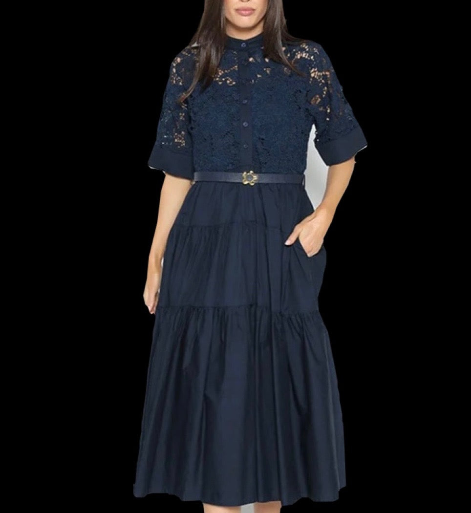 GRACIA NAVY LACE BODICE BELTED DRESS