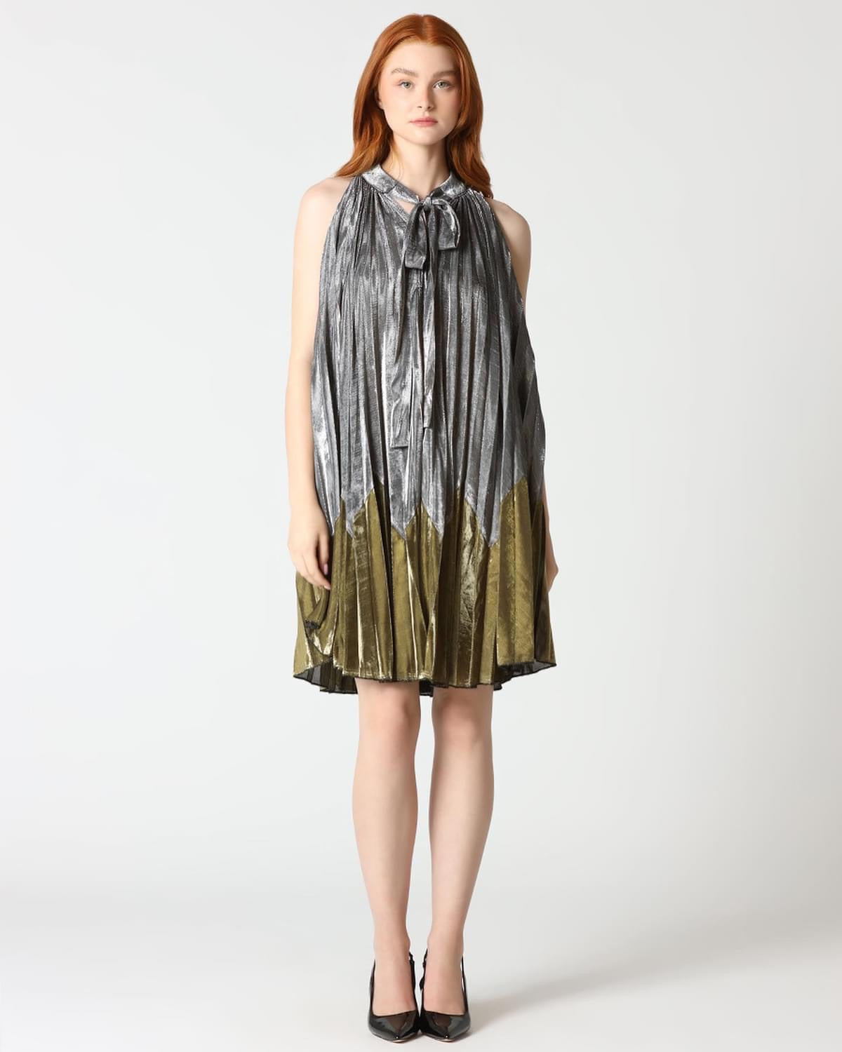 GRACIA METALLIC PLEATED TIE NECK DRESS