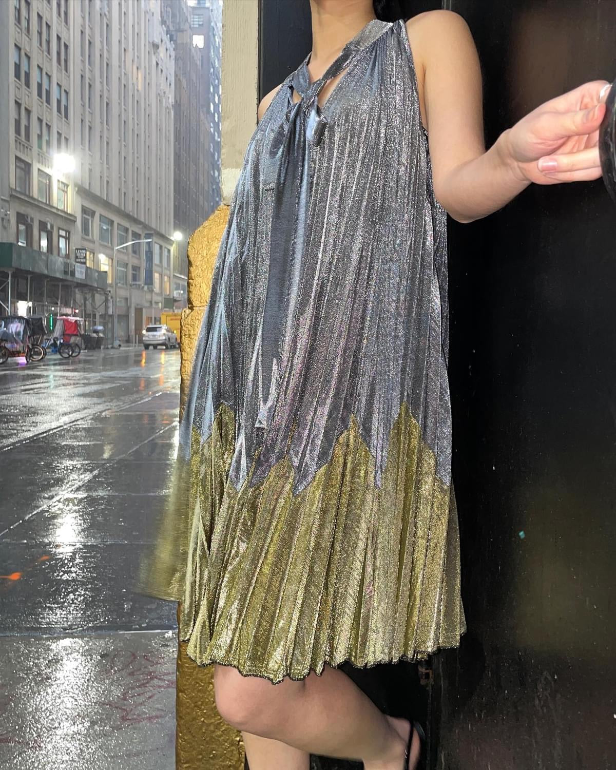 GRACIA METALLIC PLEATED TIE NECK DRESS