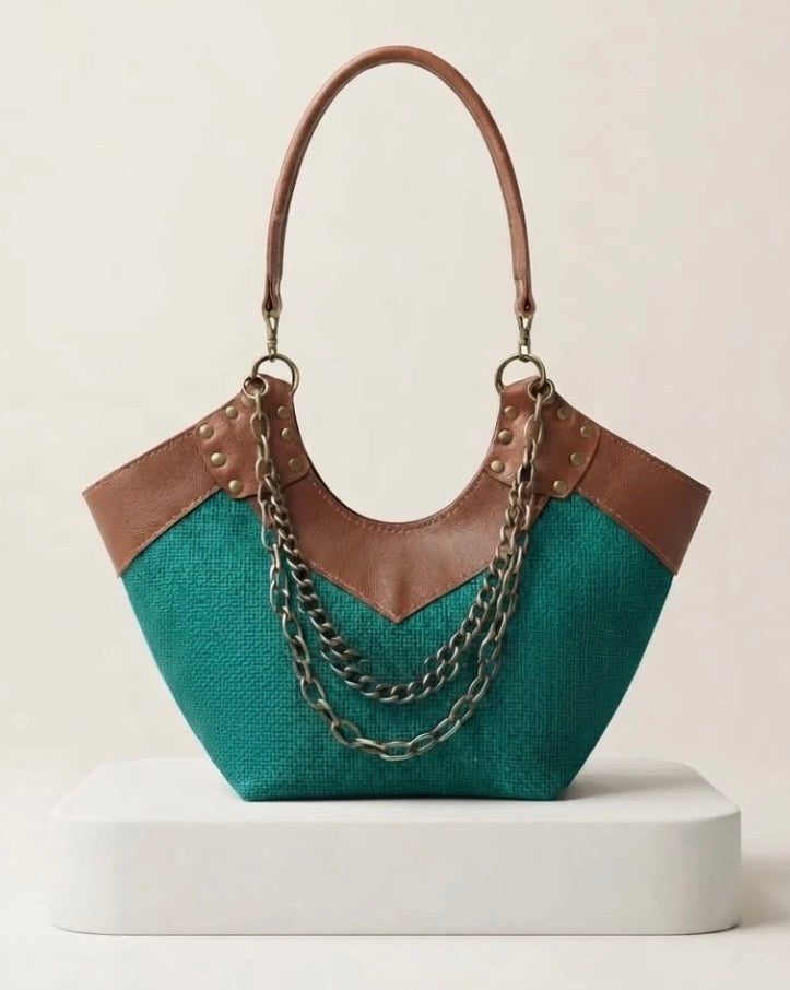 GREEN CHAIN DETAIL HANDBAG