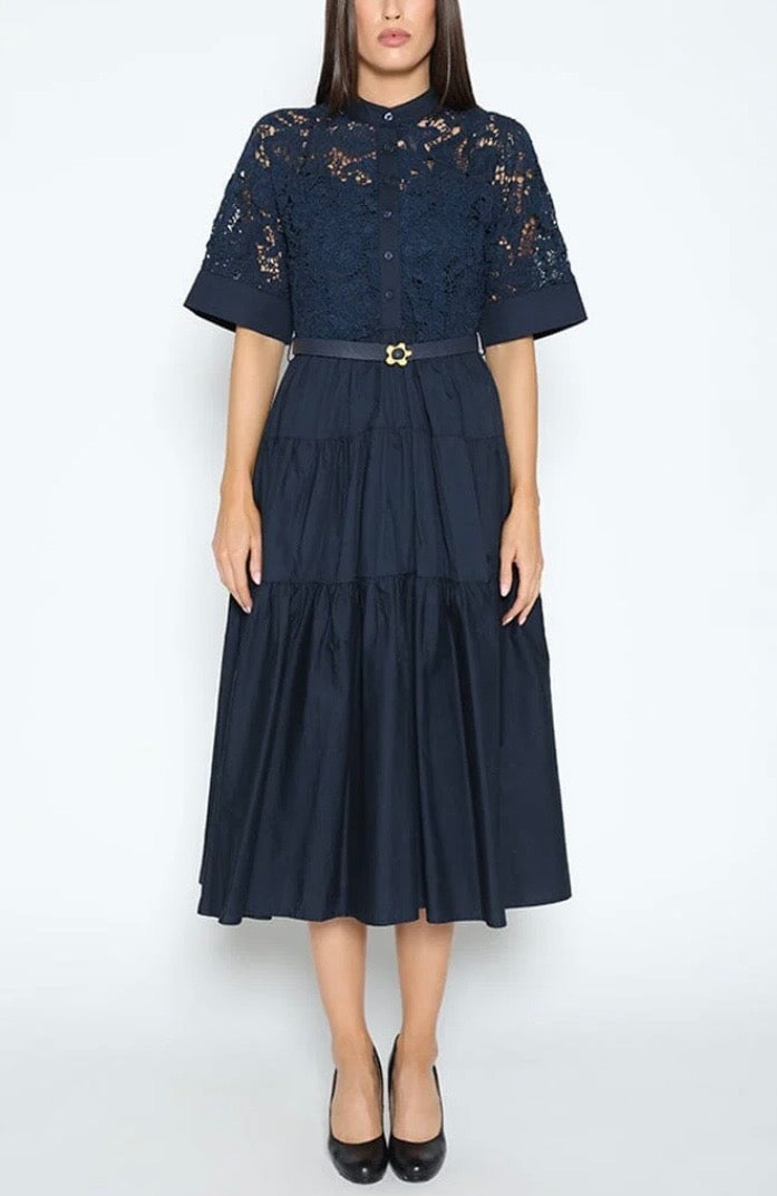 GRACIA NAVY LACE BODICE BELTED DRESS