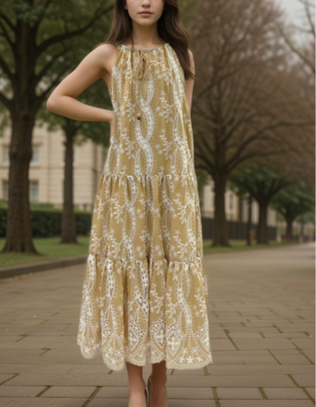 SLEEVELESS TIERED EMBROIDERED DRESS