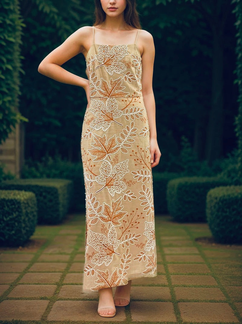 EMBROIDERED LEAF MIDI DRESS