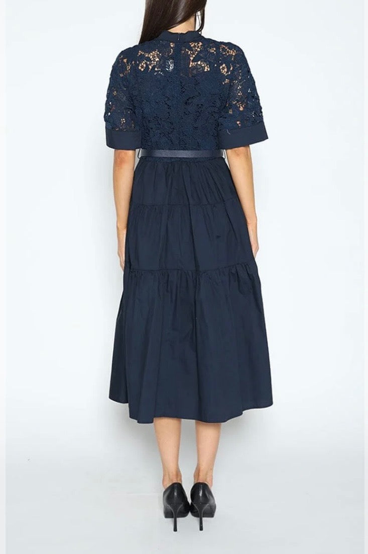GRACIA NAVY LACE BODICE BELTED DRESS
