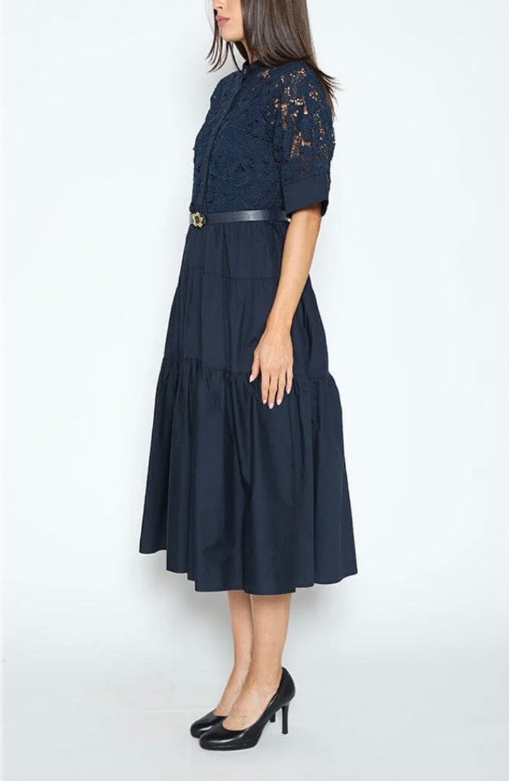 GRACIA NAVY LACE BODICE BELTED DRESS
