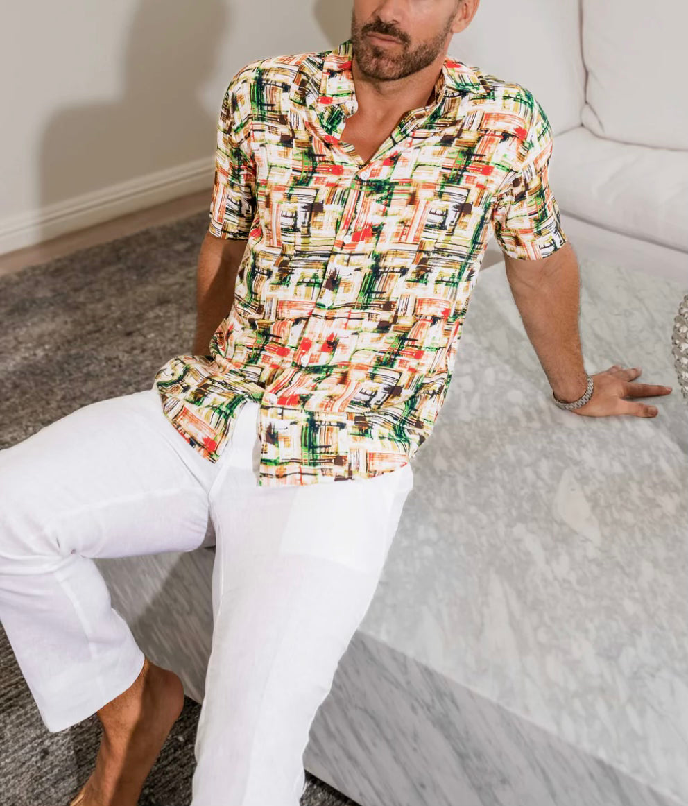 MOJITO SHORT SLEEVE GREEN MULTI RAYON RETRO PRINT SHIRT
