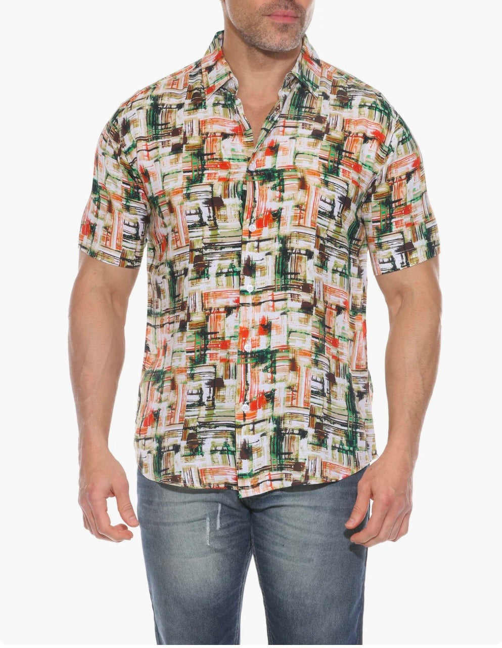 MOJITO SHORT SLEEVE GREEN MULTI RAYON RETRO PRINT SHIRT