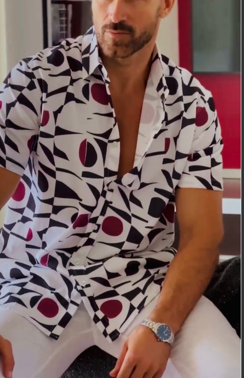 MOJITO SHORT SLEEVE TEXTURED WINE MULTI PRINT SHIRT