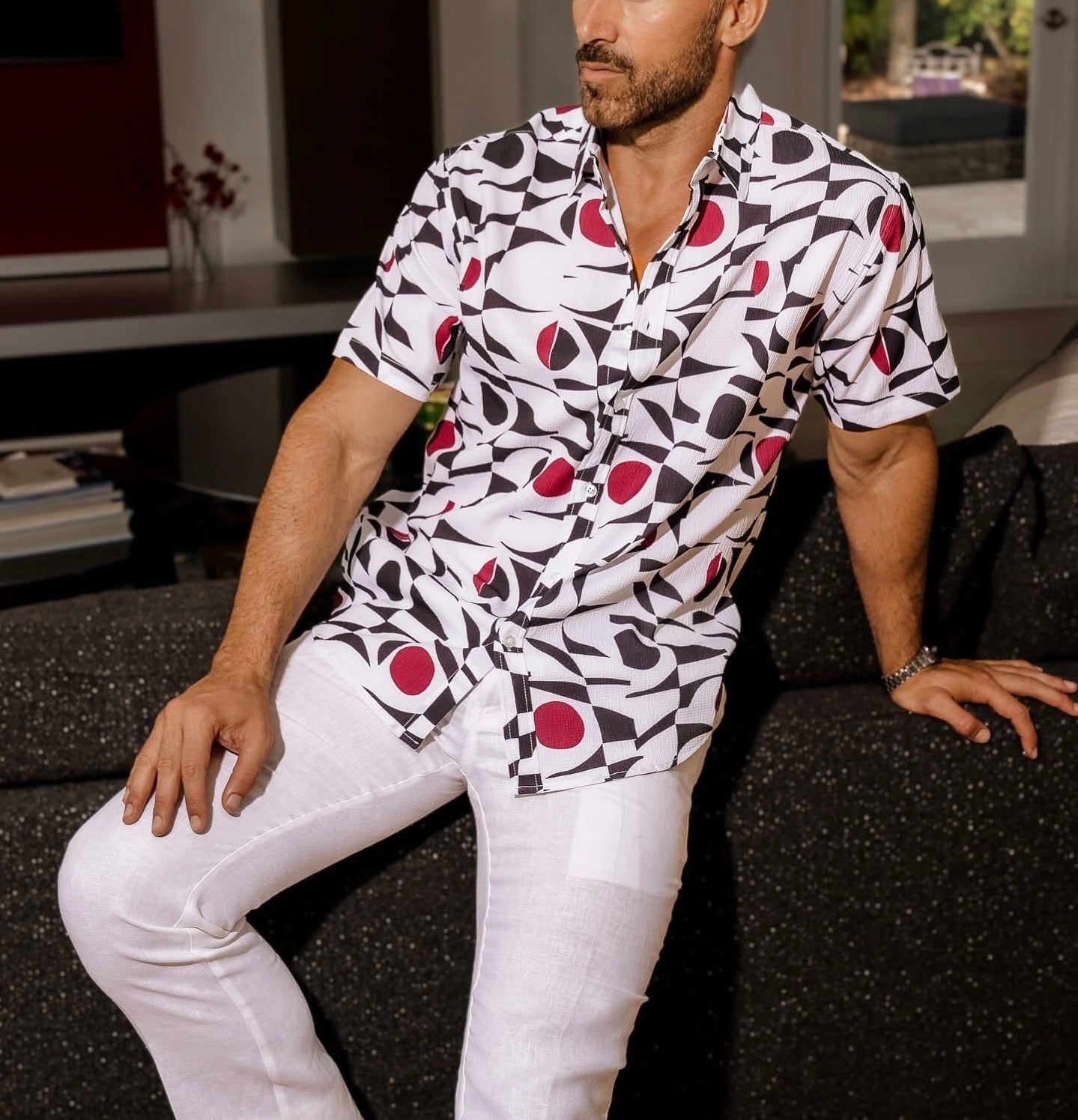 MOJITO SHORT SLEEVE TEXTURED WINE MULTI PRINT SHIRT
