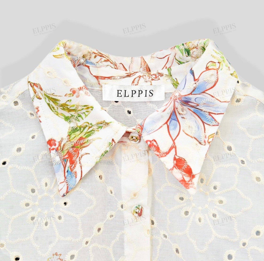 FLORAL PRINT EYELET BUTTON FRONT TOP