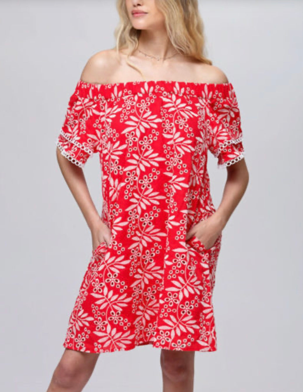 OFF SHOULDER EYELET DRESS