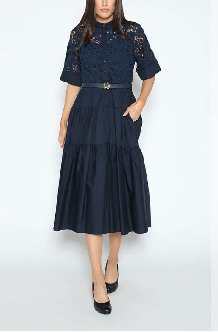GRACIA NAVY LACE BODICE BELTED DRESS