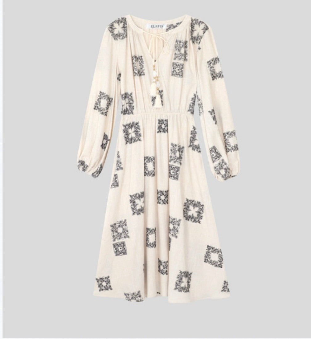 GEOMETRIC EMBROIDERED LONG SLEEVE DRESS