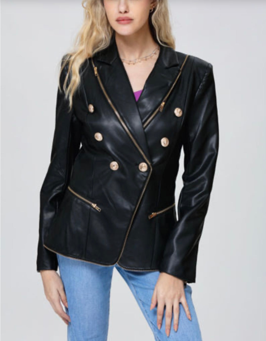 DOUBLE BREASTED FAUX LEATHER JACKET