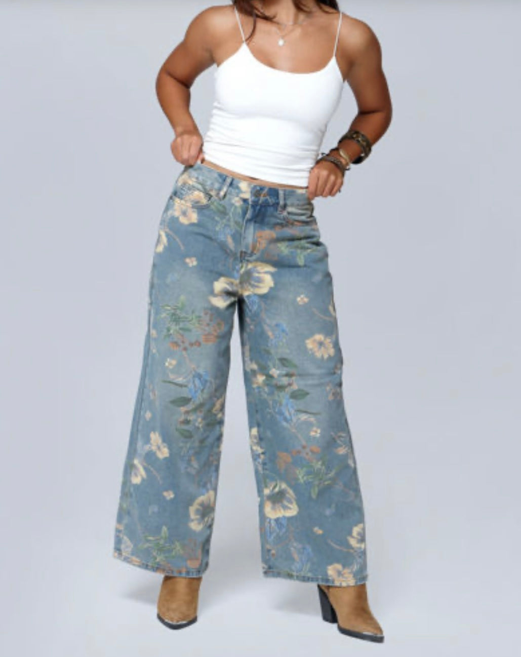 FLORAL PRINT ANKLE LENGTH WIDE LEG JEAN