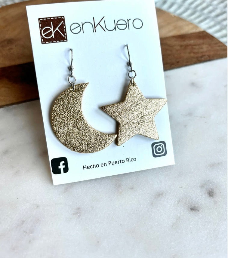 METALLIC GOLD LEATHER MOON & STAR EARRINGS