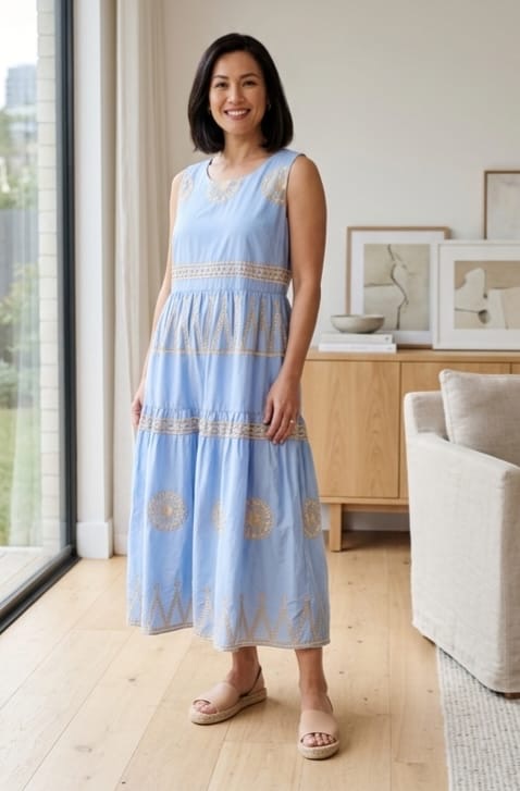 EMBROIDERED SLEEVELESS MIDI DRESS