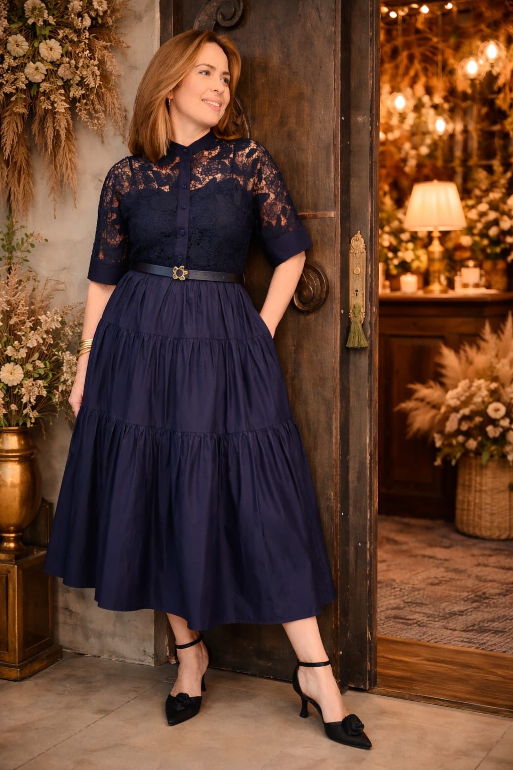 GRACIA NAVY LACE BODICE BELTED DRESS