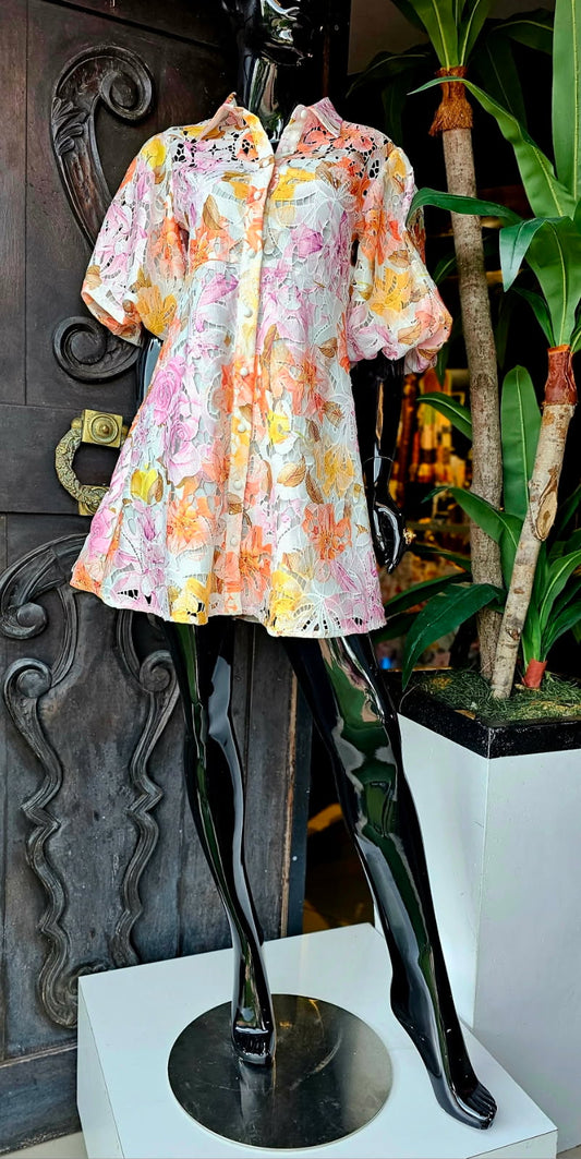 MULTI FLORAL EYELET DRESS