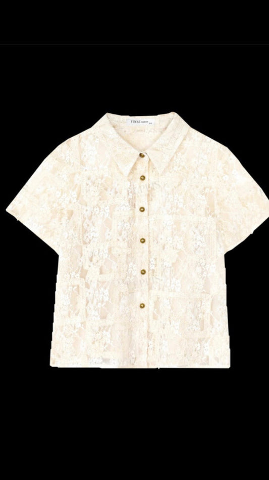 CROPPED EMBROIDERED GEOMETRIC MESH TOP