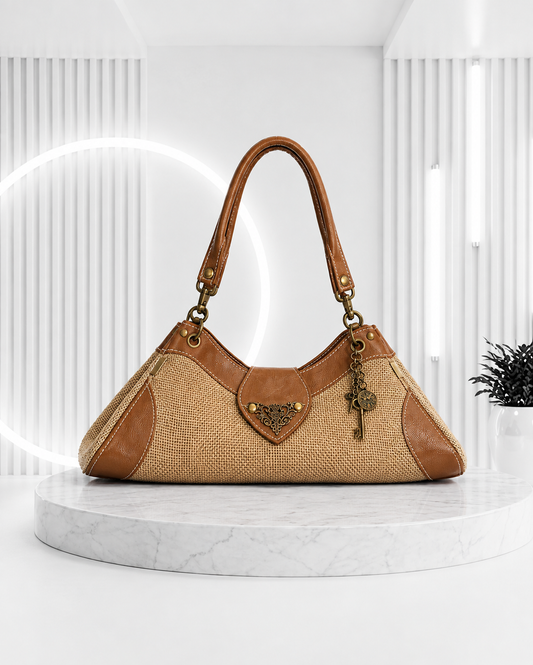 NATURAL LINEN CHARM DETAIL HANDBAG