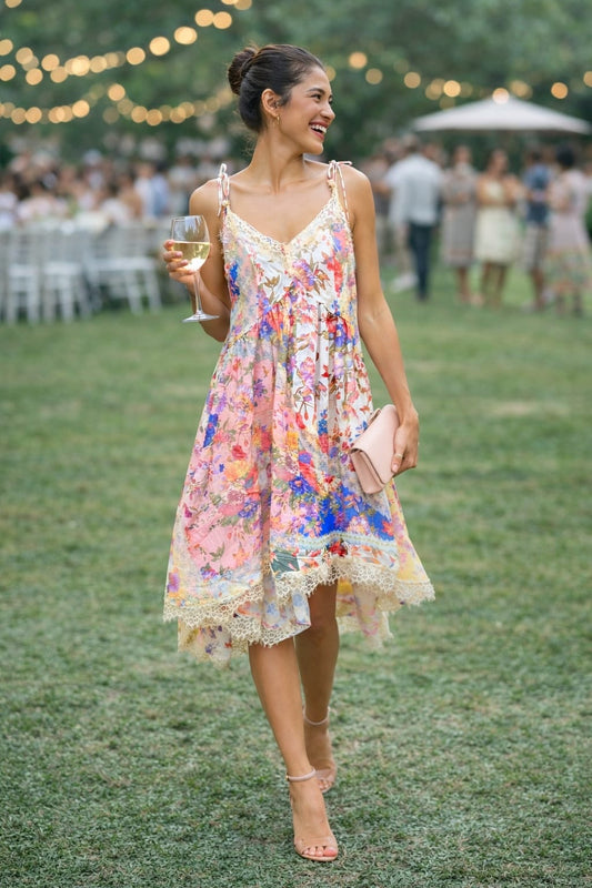 FLORAL HIGH LOW LACE TRIM DRESS