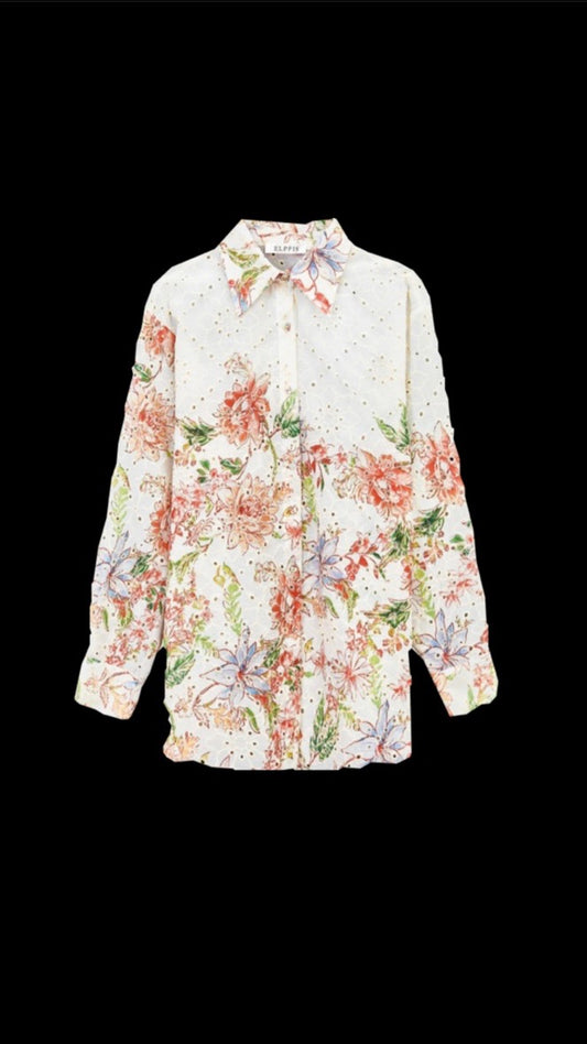 FLORAL PRINT EYELET BUTTON FRONT TOP