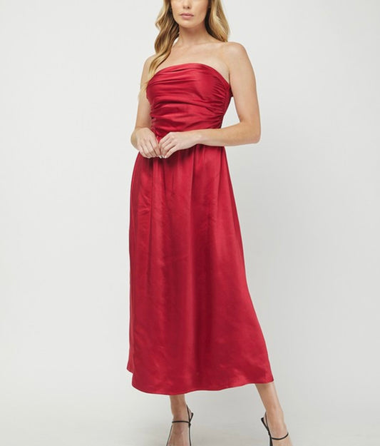 SATIN RUCHED BODICE MAXI TUBE DRESS