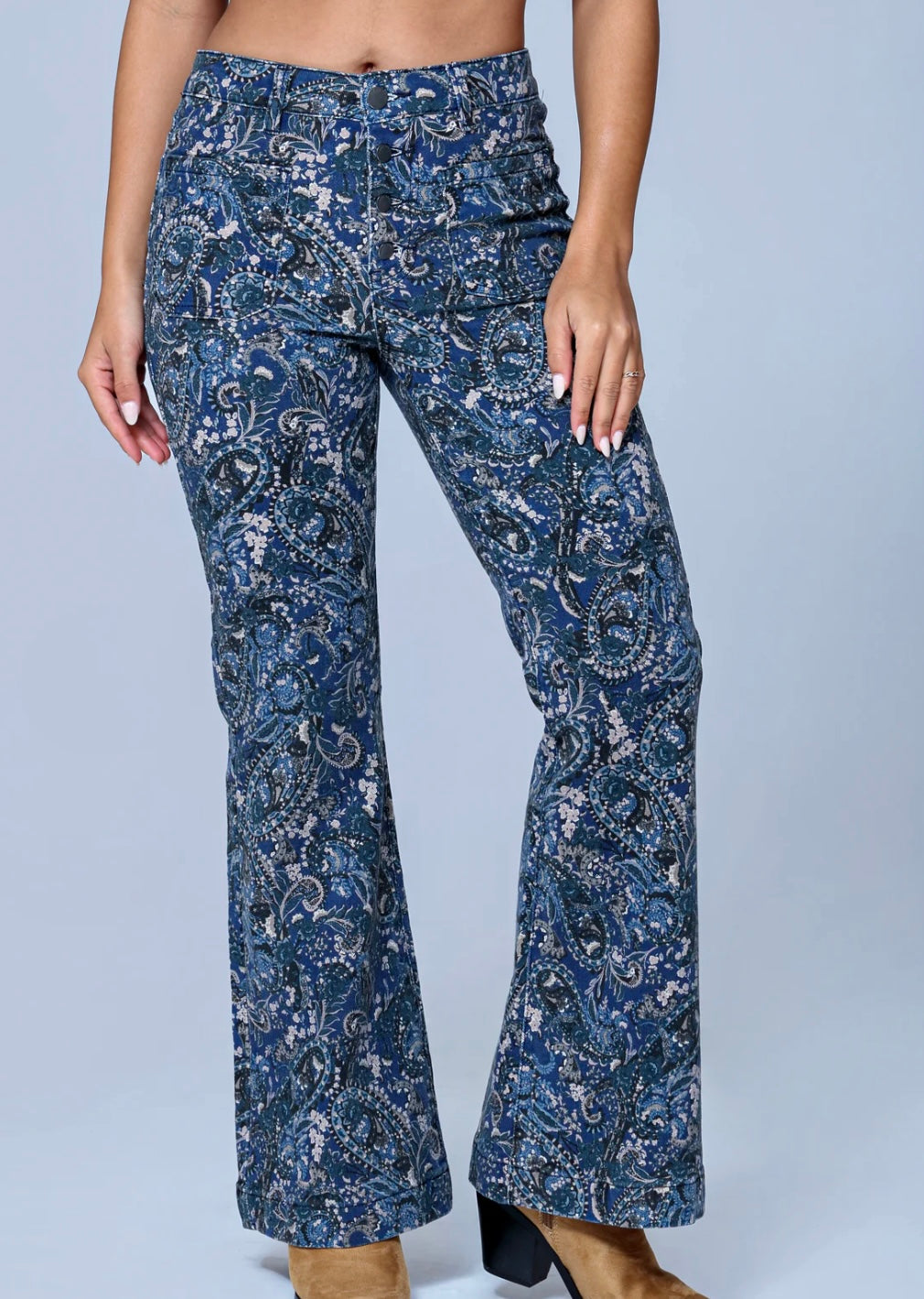 FUNKY SOUL WOMEN'S STRETCH MID RISE PAISLEY PRINT FLARE JEAN