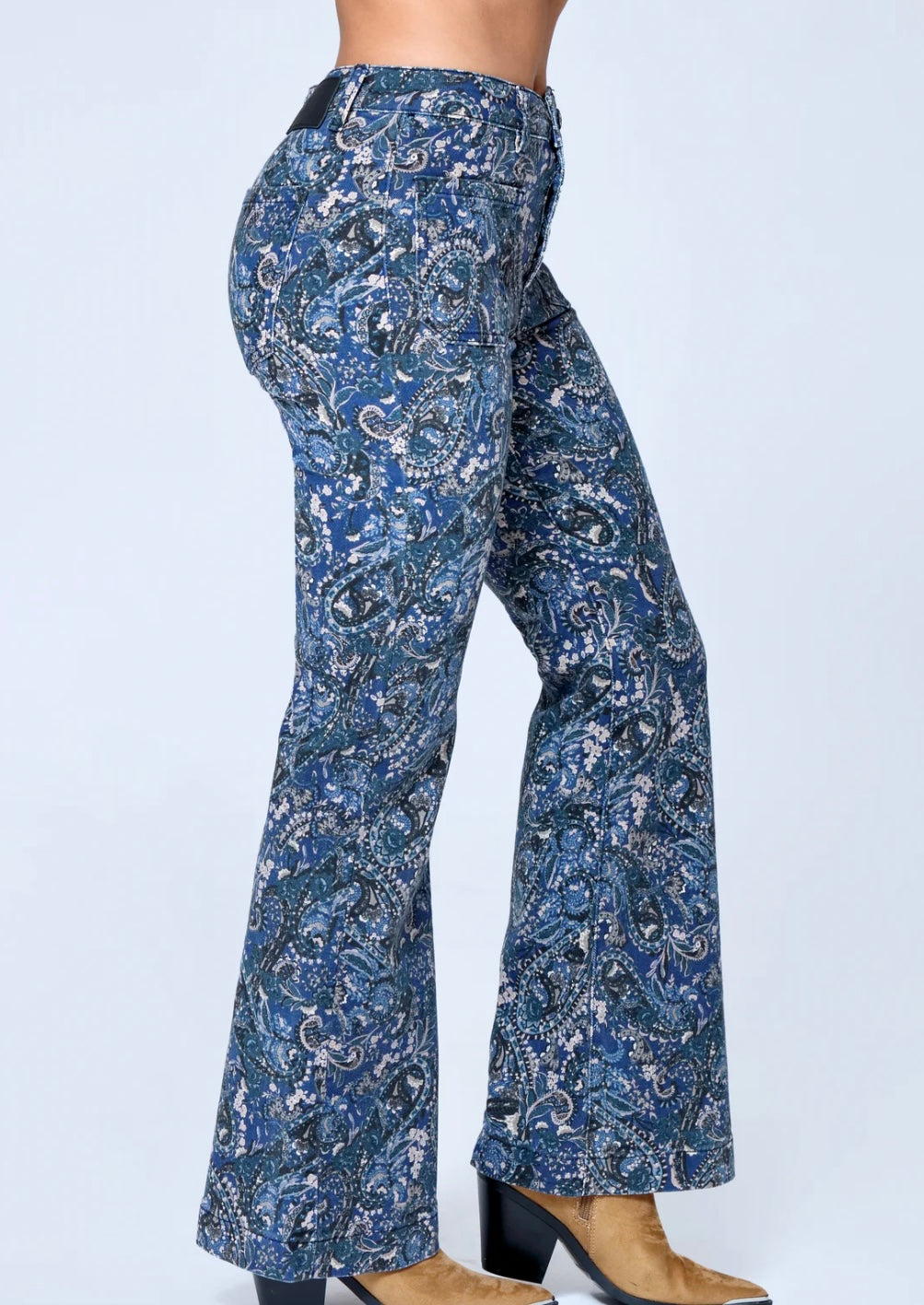 FUNKY SOUL WOMEN'S STRETCH MID RISE PAISLEY PRINT FLARE JEAN