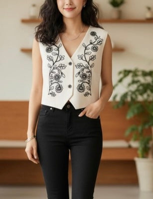 EMBROIDERED BUTTON FRONT VEST