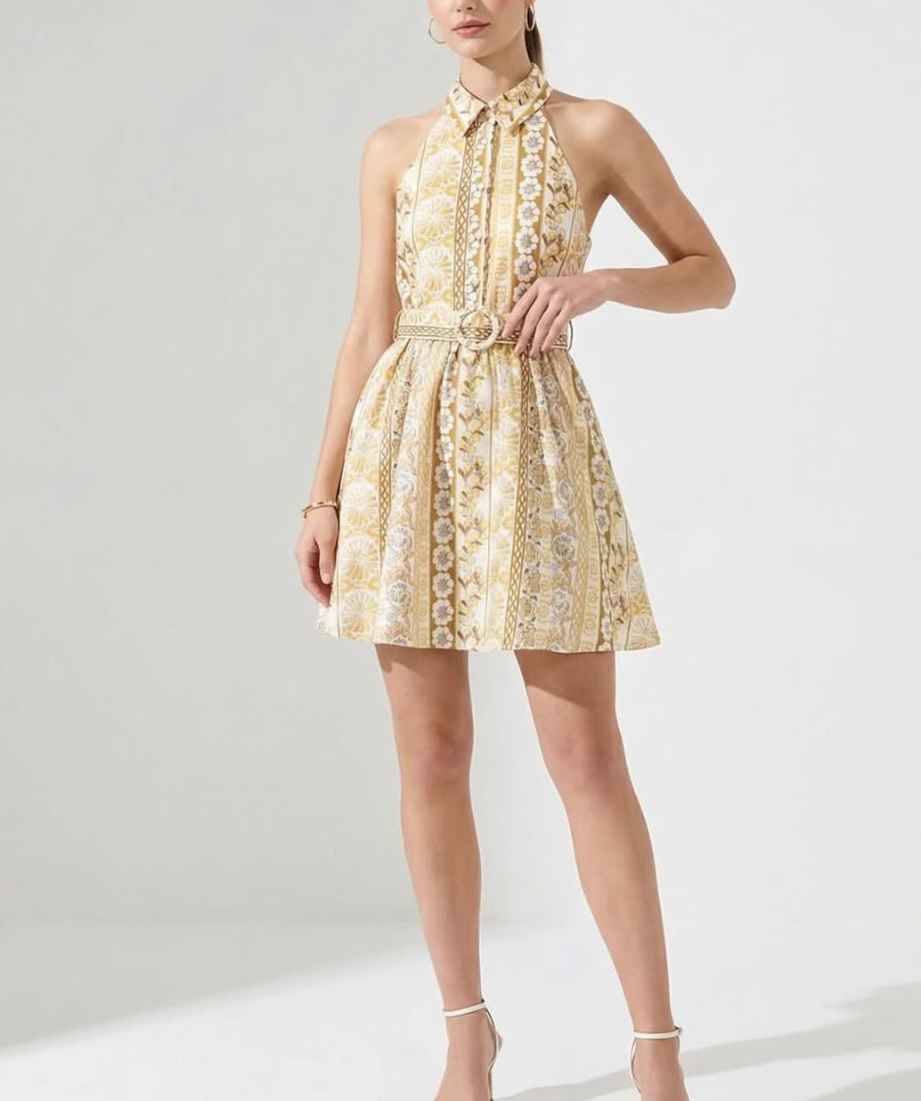 BELTED FLORAL EMBROIDERED HALTER DRESS
