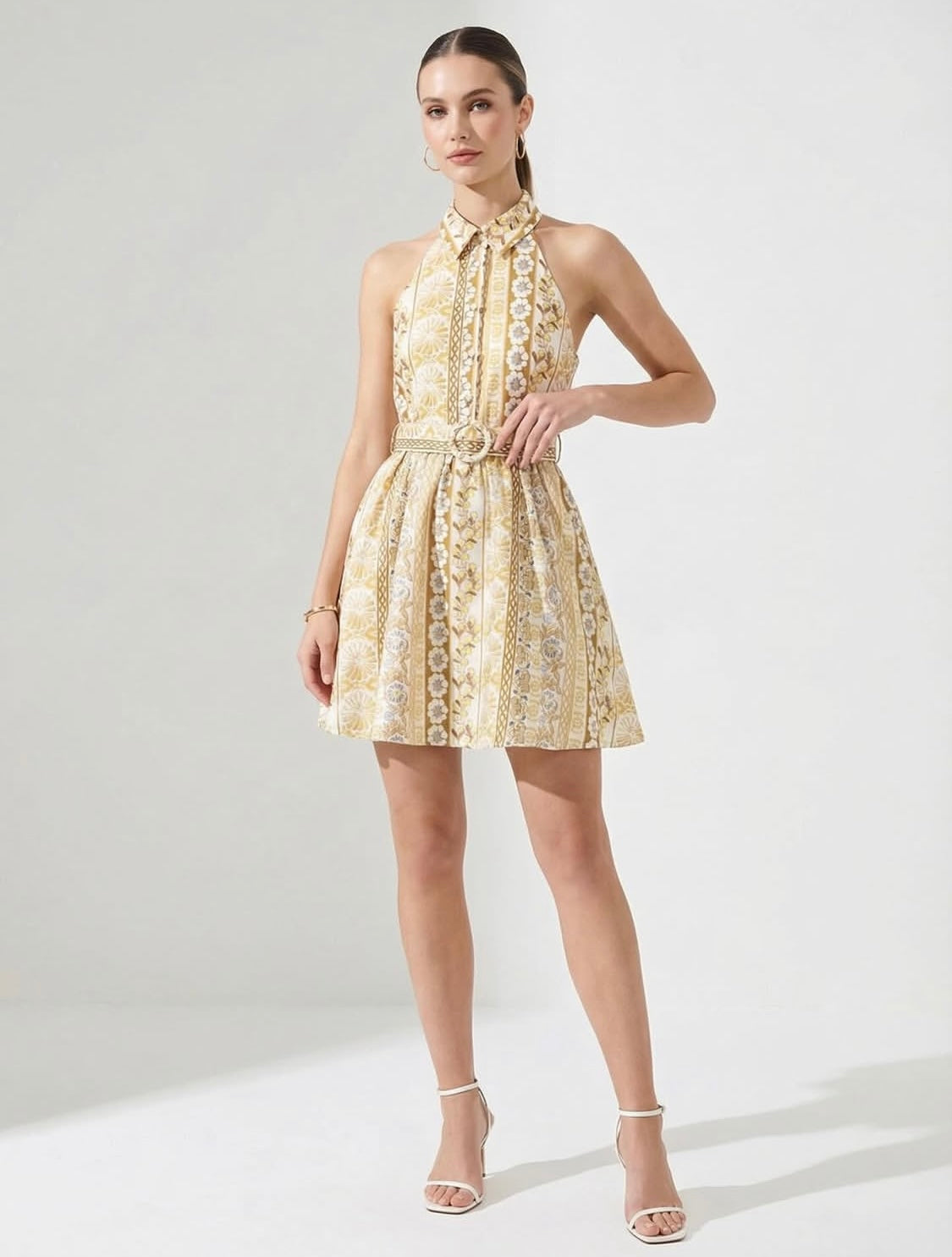 BELTED FLORAL EMBROIDERED HALTER DRESS