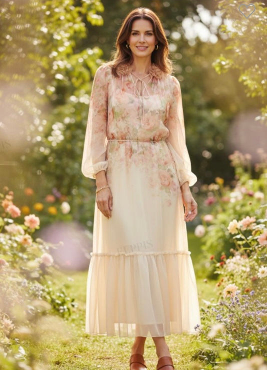 FLORAL PRINT SHEER LONG SLEEVE DRESS