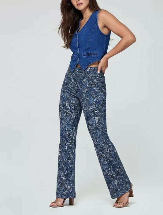 FUNKY SOUL WOMEN'S STRETCH MID RISE PAISLEY PRINT FLARE JEAN