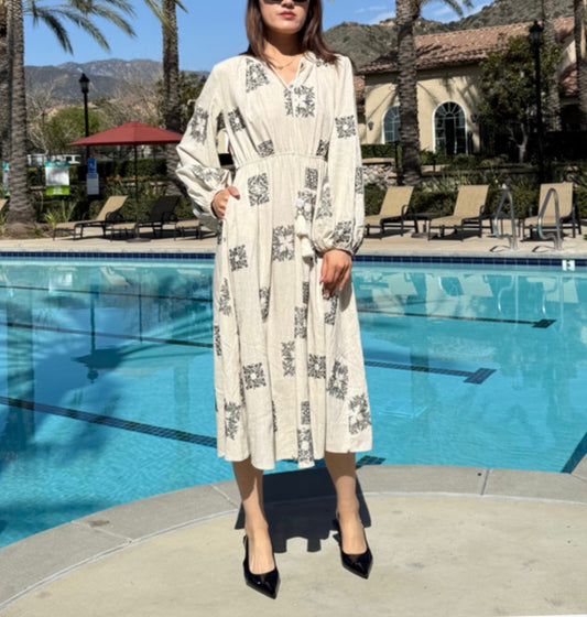 GEOMETRIC EMBROIDERED LONG SLEEVE  DRESS
