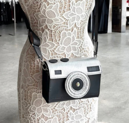HANDMADE BLACK/SILVER LEATHER CAMERA SHAPED HANDBAG