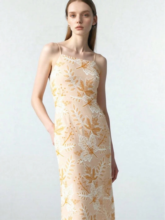 EMBROIDERED LEAF MIDI DRESS