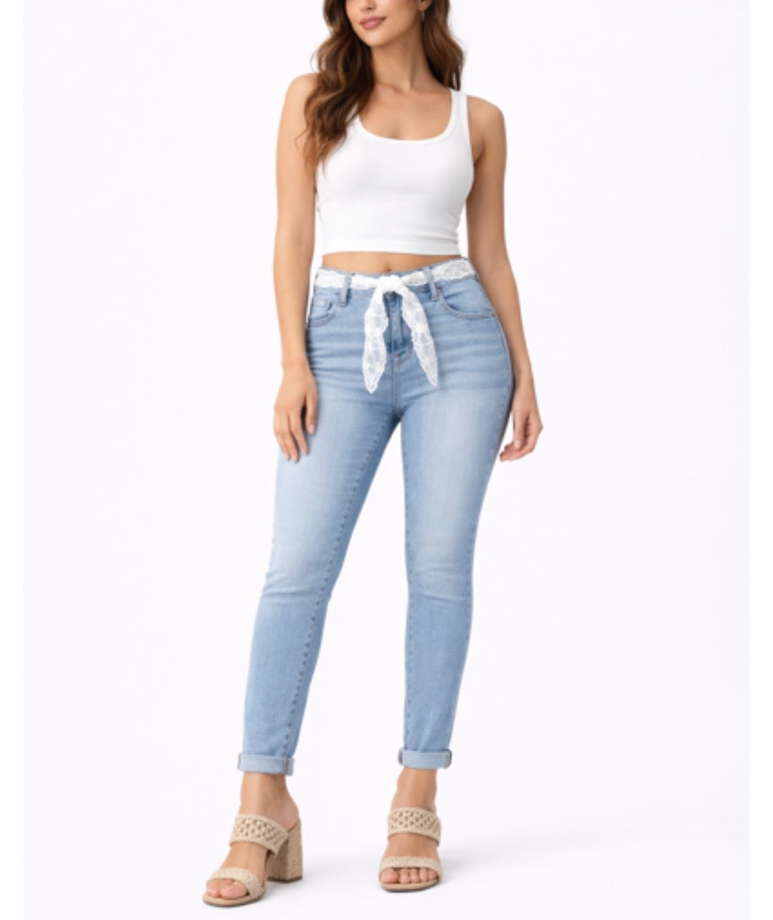 FUNKY SOUL WOMEN'S STRETCH MID RISE LACE BELT SKINNY JEAN