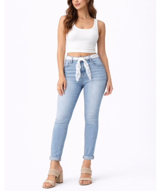 FUNKY SOUL WOMEN'S STRETCH MID RISE LACE BELT SKINNY JEAN