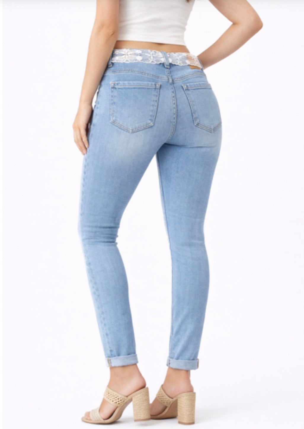 FUNKY SOUL WOMEN'S STRETCH MID RISE LACE BELT SKINNY JEAN