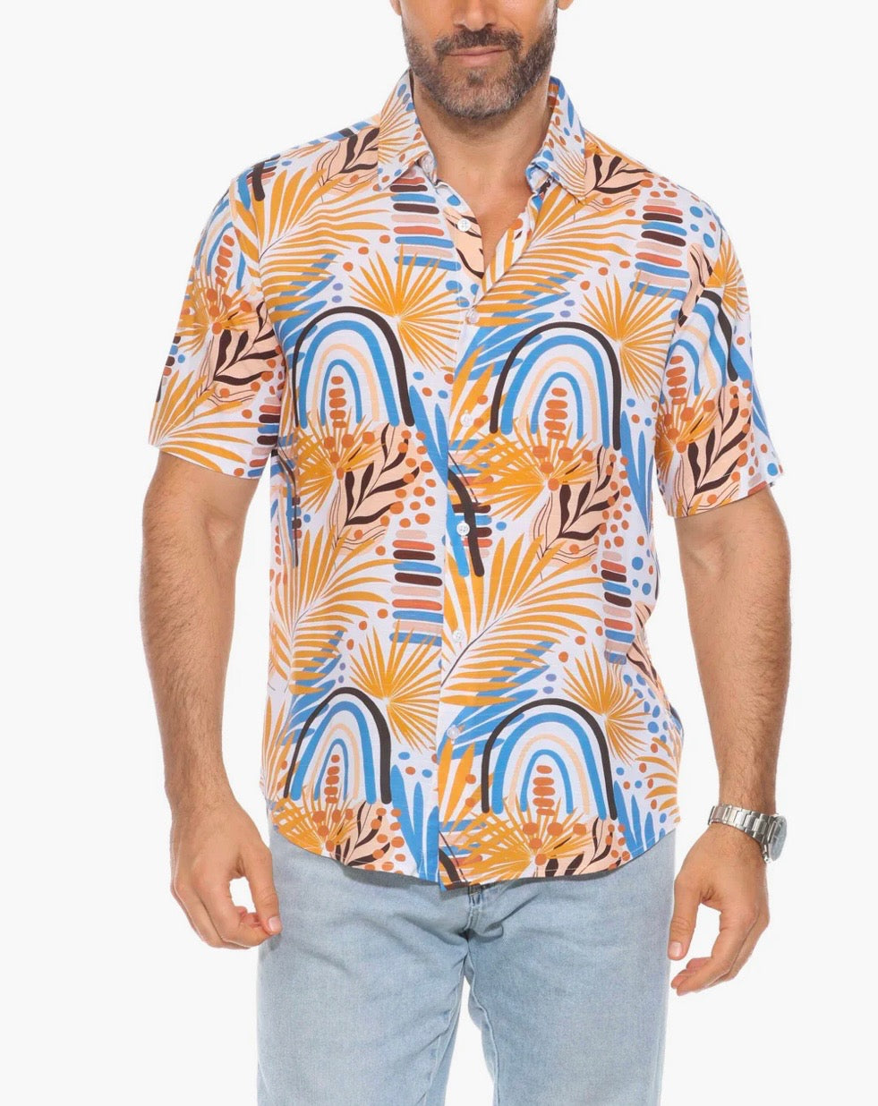 MOJITO SHORT SLEEVE RAYON MUSTARD MULTI RETRO PRINT SHIRT
