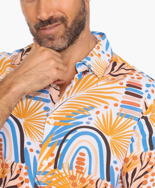 MOJITO SHORT SLEEVE RAYON MUSTARD MULTI RETRO PRINT SHIRT
