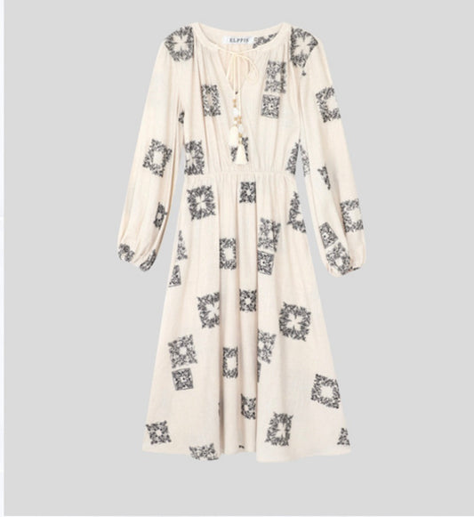 GEOMETRIC EMBROIDERED LONG SLEEVE  DRESS