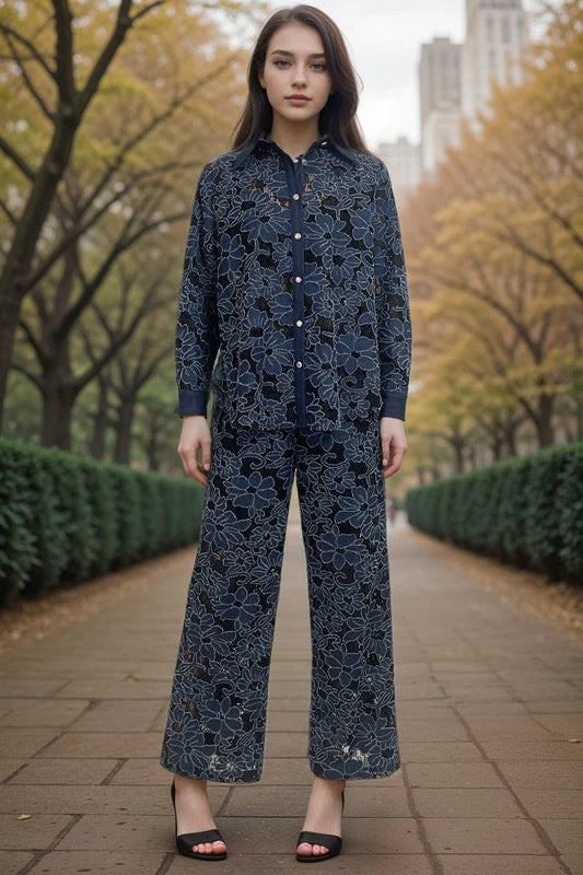FLORAL DENIM WIDE LEG PANT