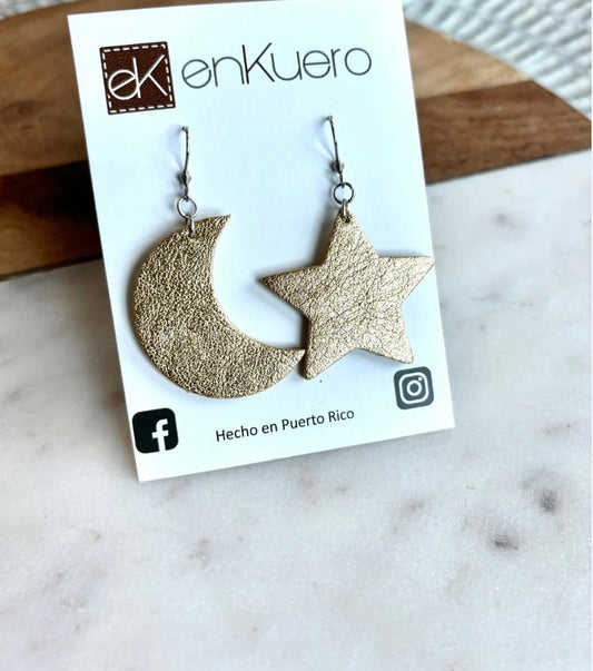 METALLIC GOLD LEATHER MOON & STAR  EARRINGS