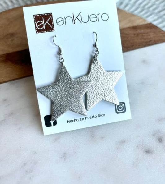 METALLIC SILVER LEATHER STAR EARRINGS