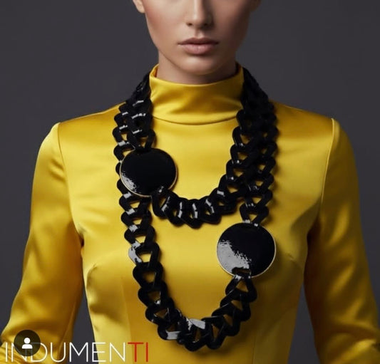 INDUMENTI BLACK LEATHER DISK CHARM NECKLACE